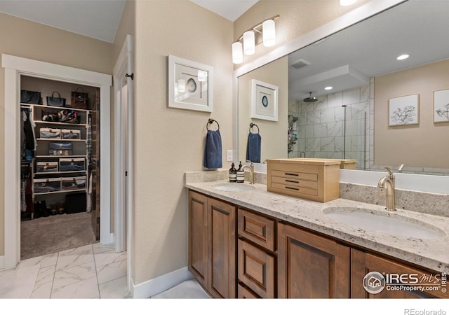 1603 Plank Ln, Fort Collins, CO 80524 - bathroom with double vanity, a sink, marble finish floor, and a shower stall
