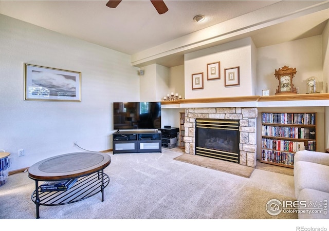8574 W 94th Ave, Westminster, CO 80021 - living room featuring a fireplace, carpet, and a ceiling fan
