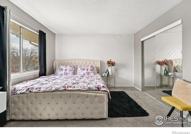 bedroom featuring carpet floors, a textured ceiling, baseboards, and a closet