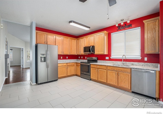 kitchen with a sink, appliances with stainless steel finishes, and ceiling fan