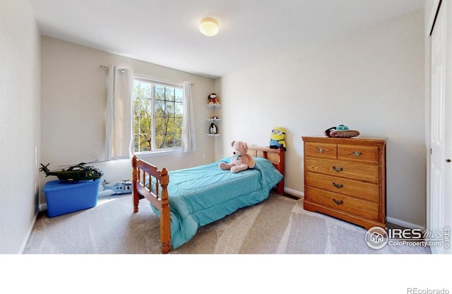 bedroom with carpet floors, baseboards, and a closet