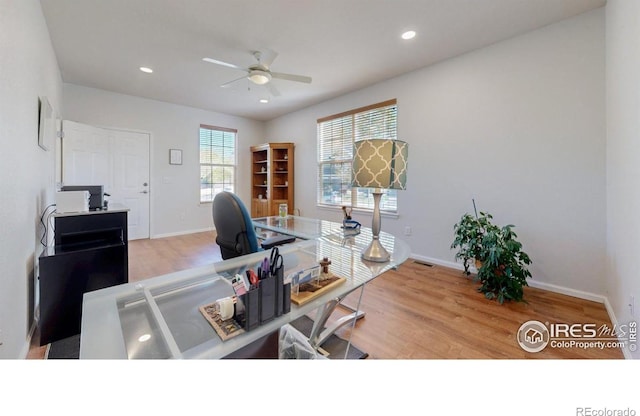 office area with ceiling fan, wood finished floors, baseboards, and recessed lighting