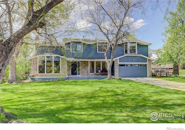 4251 Peach Way, Boulder, CO 80301 - traditional-style home featuring concrete driveway, a porch, stone siding, and a front lawn