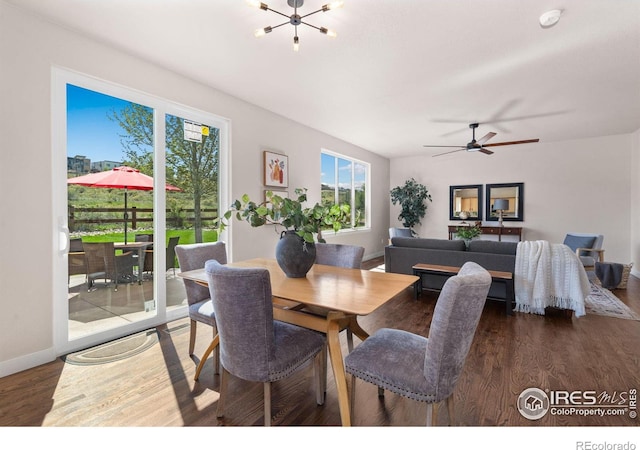dining room with baseboards, ceiling fan with notable chandelier, and wood finished floors
