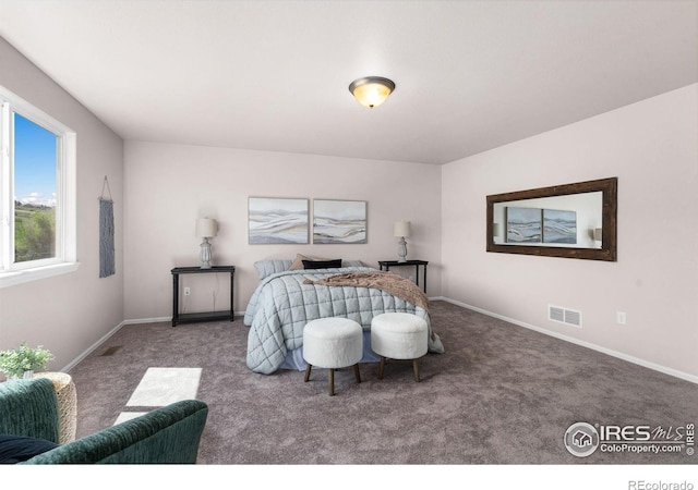 bedroom with baseboards, visible vents, and carpet