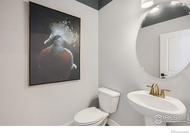 half bath featuring toilet, baseboards, and a sink