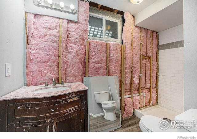 bathroom with toilet, tiled shower, wood finished floors, and vanity