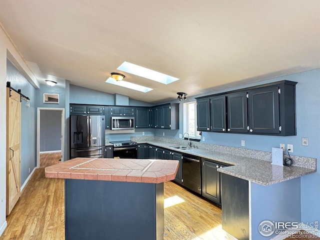 115 Arapaho Ridge Rd, Livermore, CO 80536 - kitchen featuring stainless steel appliances, a sink, lofted ceiling with skylight, and light wood-type flooring