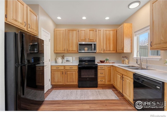 2832 William Neal Pkwy Unit C, Fort Collins, CO 80525 - kitchen featuring a sink, light brown cabinetry, black appliances, and light wood-type flooring