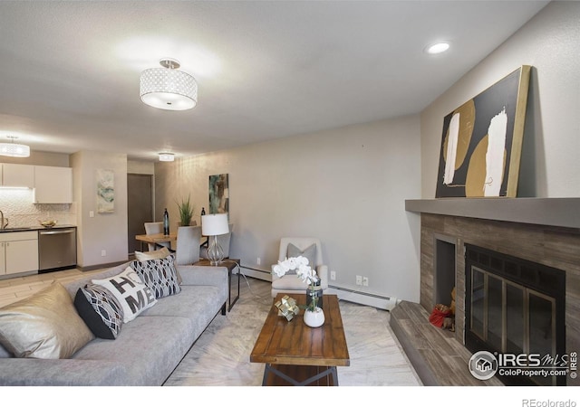 3785 Birchwood Dr, Boulder, CO 80304 - living room with a fireplace, recessed lighting, and a baseboard heating unit