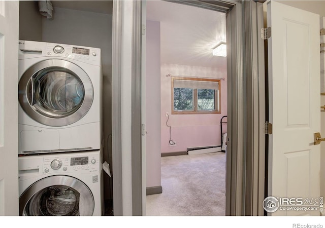 3785 Birchwood Dr, Boulder, CO 80304 - laundry room featuring stacked washer and clothes dryer, laundry area, carpet floors, baseboards, and a baseboard heating unit