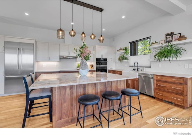 11 Juneau Cir, Nederland, CO 80466 - kitchen featuring a sink, appliances with stainless steel finishes, open shelves, and light wood finished floors