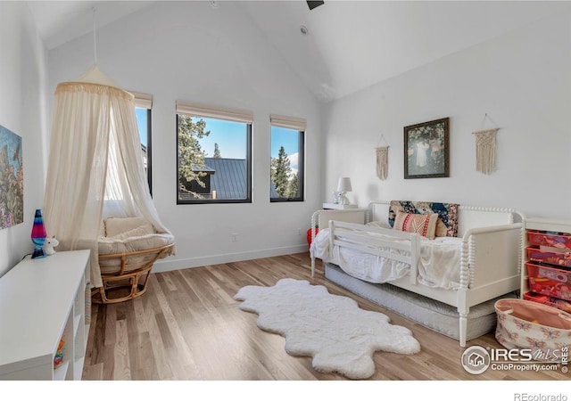 11 Juneau Cir, Nederland, CO 80466 - bedroom featuring baseboards, high vaulted ceiling, and wood finished floors