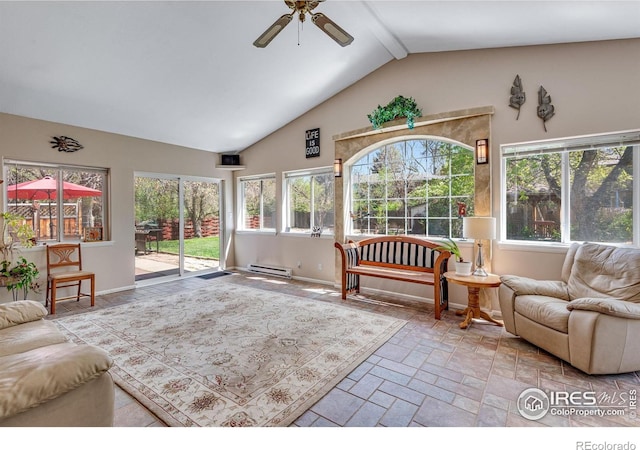 living room with a ceiling fan, beam ceiling, a baseboard radiator, baseboards, and high vaulted ceiling