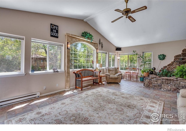 living area featuring healthy amount of natural light, a ceiling fan, beamed ceiling, baseboard heating, and baseboards