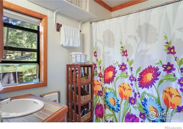 full bathroom with a shower with shower curtain and a sink