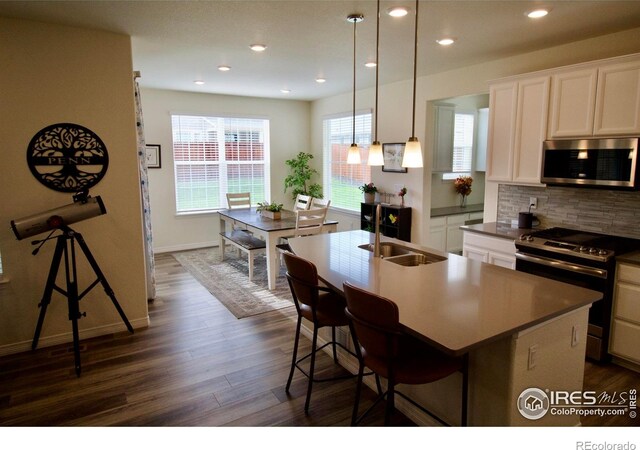 kitchen with backsplash, dark wood finished floors, a sink, stainless steel appliances, and recessed lighting
