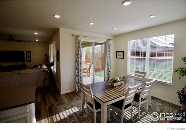dining area with a ceiling fan, baseboards, recessed lighting, and dark wood-style floors
