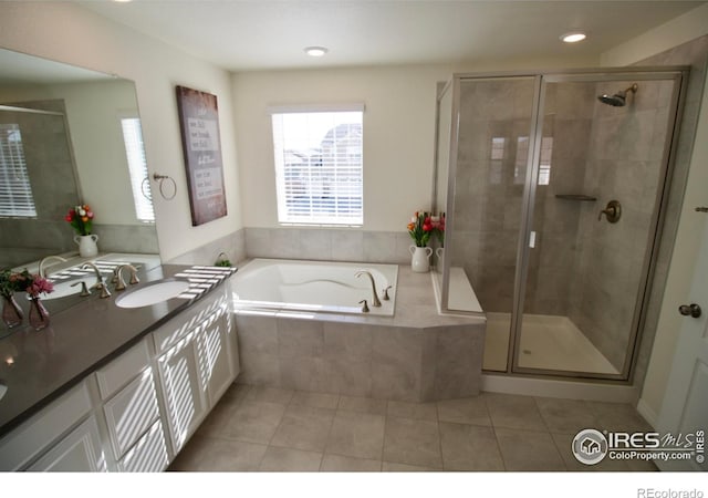 full bath with a garden tub, tile patterned flooring, a stall shower, vanity, and recessed lighting