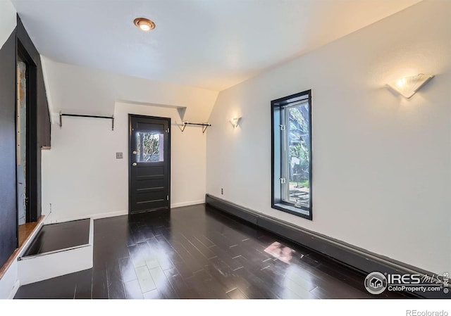 entryway featuring baseboard heating, a healthy amount of sunlight, and dark wood-type flooring