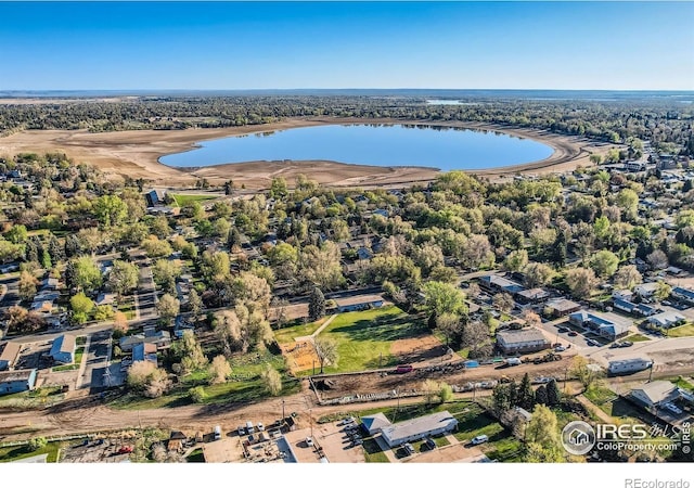 aerial view featuring a water view and a residential view