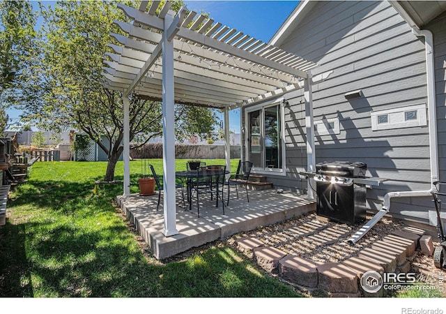 view of patio / terrace with fence, a pergola, and area for grilling