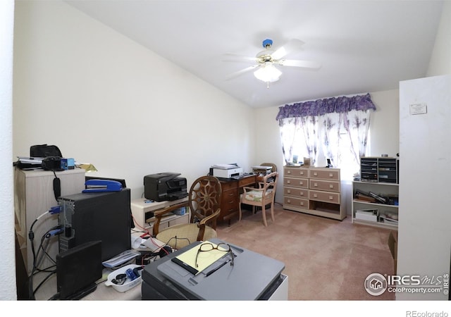 office space featuring ceiling fan and carpet flooring