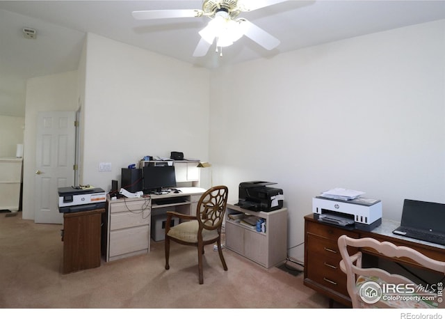 office area with ceiling fan and light colored carpet