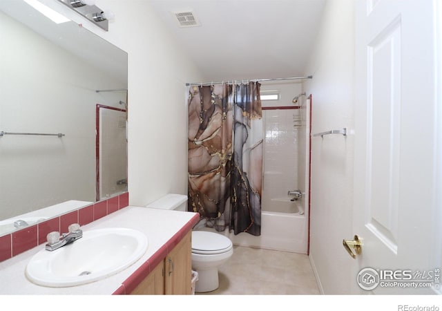 bathroom featuring vanity, shower / bathtub combination with curtain, toilet, and visible vents