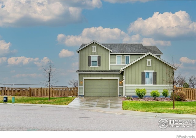 craftsman house featuring board and batten siding, fence, concrete driveway, an attached garage, and a shingled roof