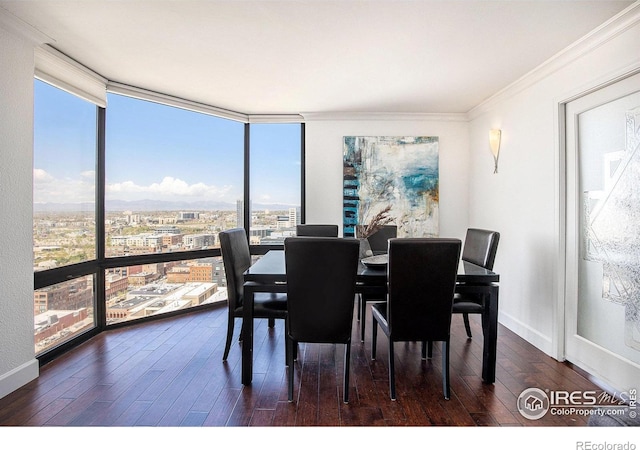 dining area with crown molding, a wall of windows, wood-type flooring, baseboards, and a city view