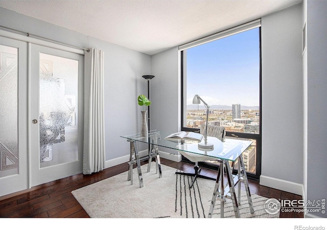 office featuring baseboards, wood finished floors, and expansive windows