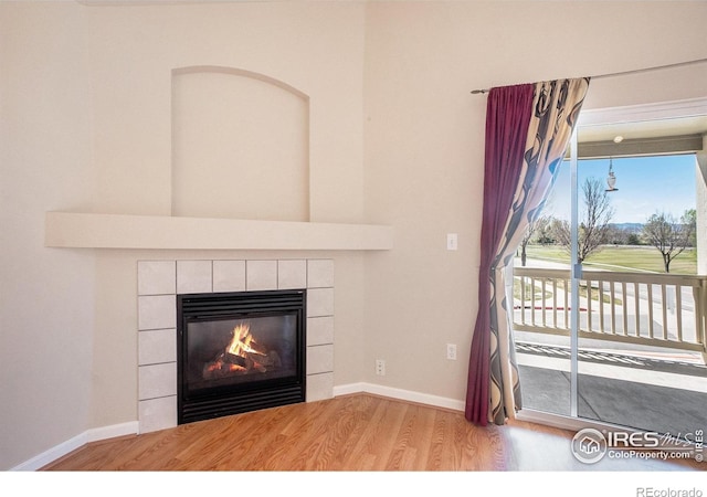 5225 White Willow Dr Unit 210, Fort Collins, CO 80528 - details with baseboards, wood finished floors, and a fireplace