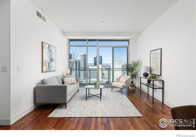 2001 Lincoln St Unit 2113, Denver, CO 80202 - living area featuring floor to ceiling windows, wood finished floors, and a view of skyline
