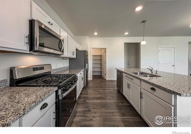 2325 Mountain Sky Dr, Fort Lupton, CO 80621 - kitchen featuring stainless steel appliances, a sink, dark wood-style flooring, a kitchen island with sink, and recessed lighting