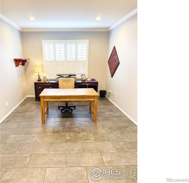 office with recessed lighting, baseboards, and ornamental molding
