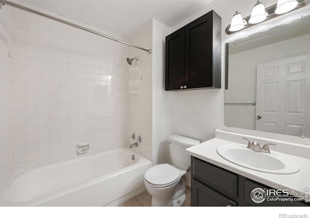 full bath with toilet, shower / bath combination, tile patterned flooring, and vanity