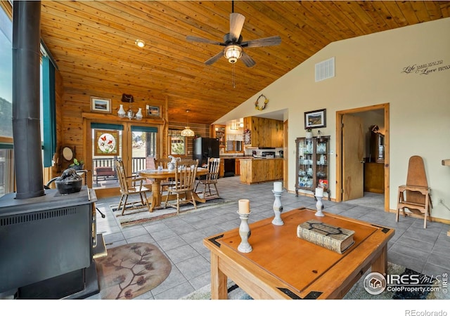 tiled living area with wood ceiling, a ceiling fan, high vaulted ceiling, visible vents, and a wood stove