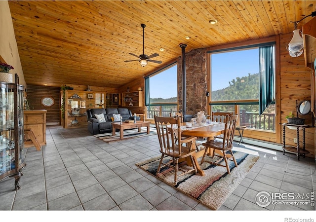 tiled dining space featuring wood ceiling, wood walls, and ceiling fan