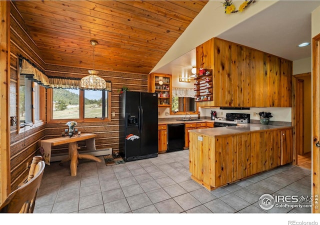 kitchen featuring a sink, wooden walls, a peninsula, vaulted ceiling, and black appliances