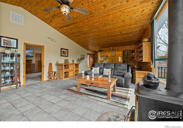 living room with high vaulted ceiling, visible vents, ceiling fan, wooden ceiling, and light tile patterned flooring