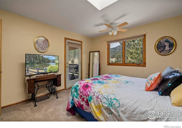carpeted bedroom with baseboards, ceiling fan, and access to exterior