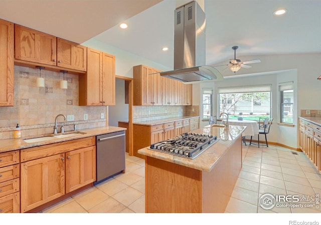 1720 Chaparro Cir, Berthoud, CO 80513 - kitchen featuring light tile patterned flooring, island range hood, appliances with stainless steel finishes, and a sink
