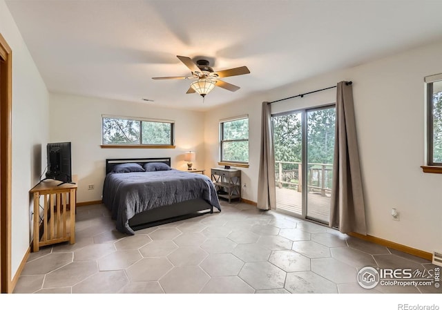 1720 Chaparro Cir, Berthoud, CO 80513 - bedroom featuring light tile patterned flooring, baseboards, visible vents, ceiling fan, and access to outside