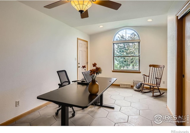 1720 Chaparro Cir, Berthoud, CO 80513 - office area with vaulted ceiling, baseboards, a ceiling fan, and recessed lighting