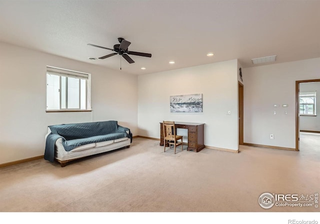 1720 Chaparro Cir, Berthoud, CO 80513 - living area with visible vents, baseboards, a ceiling fan, and carpet floors