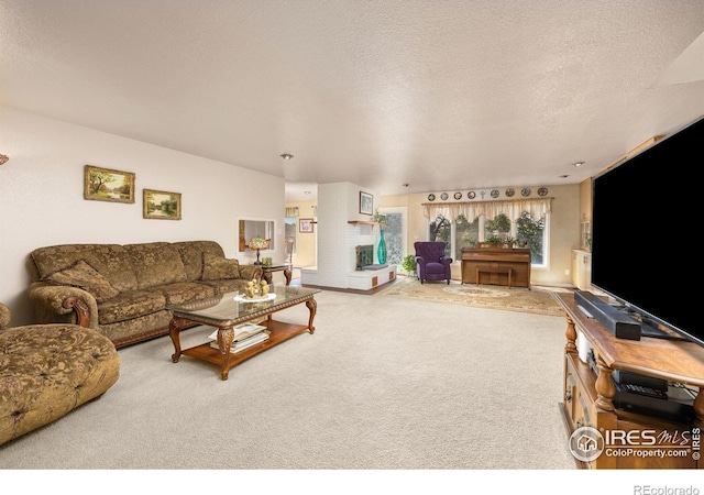 carpeted living room with a textured ceiling
