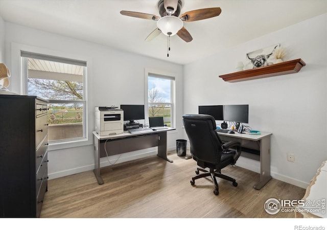 office space featuring light wood finished floors, baseboards, and ceiling fan