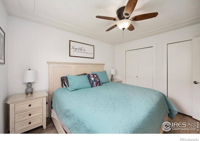 bedroom with two closets and a ceiling fan