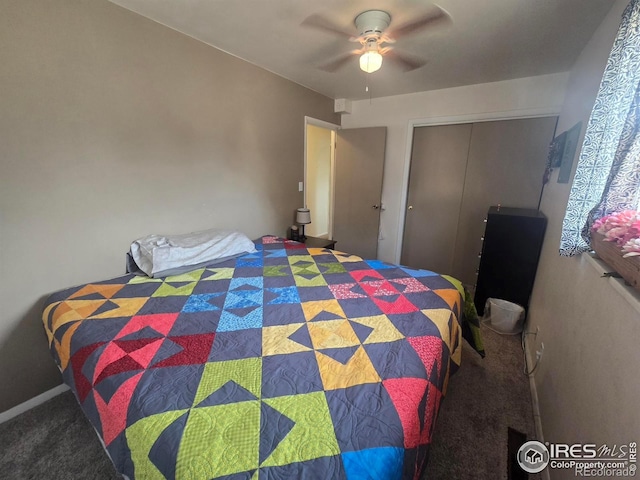 bedroom featuring carpet flooring, a closet, and a ceiling fan